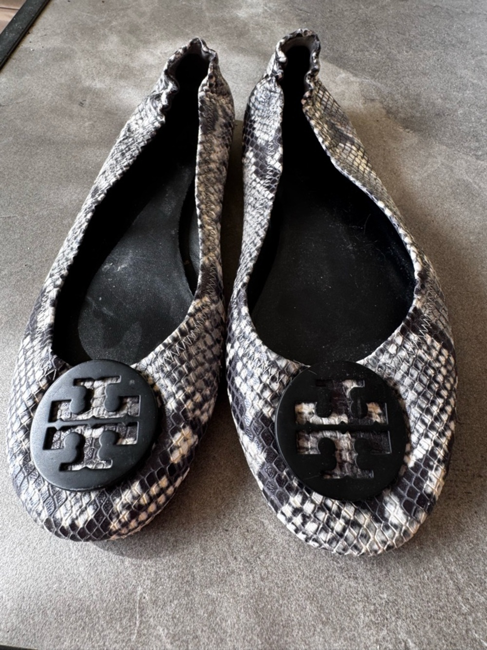Tory Burch Snake-Print Ballet Flats in Black and Gray with Logo Medallion - Picture 4 of 10